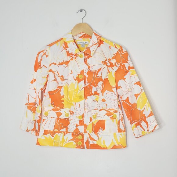 Coldwater Creek Petite Orange & White Floral Cotton Button Down Jacket 4 Petite - Picture 1 of 10